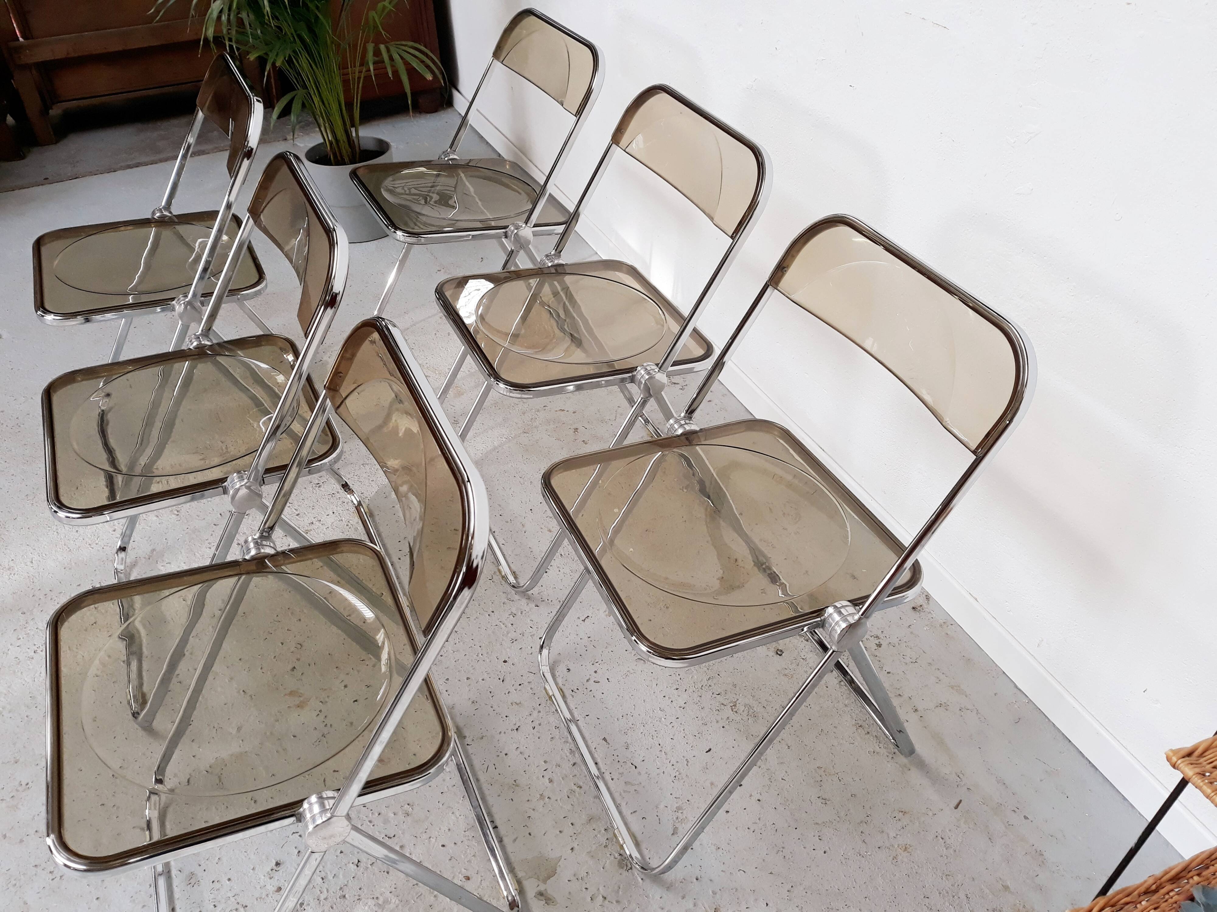6 vintage Chairs Giancarlo Piretti "plia" 1970 chrome and Plexiglas