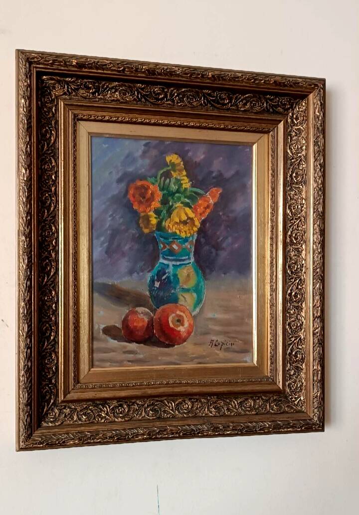 Still life painting vase with flowers by Lupicini - 1960s