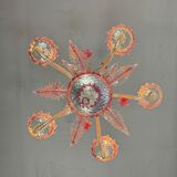 Venetian chandelier in colorless and red Murano glass, 5 light arms, circa 1950