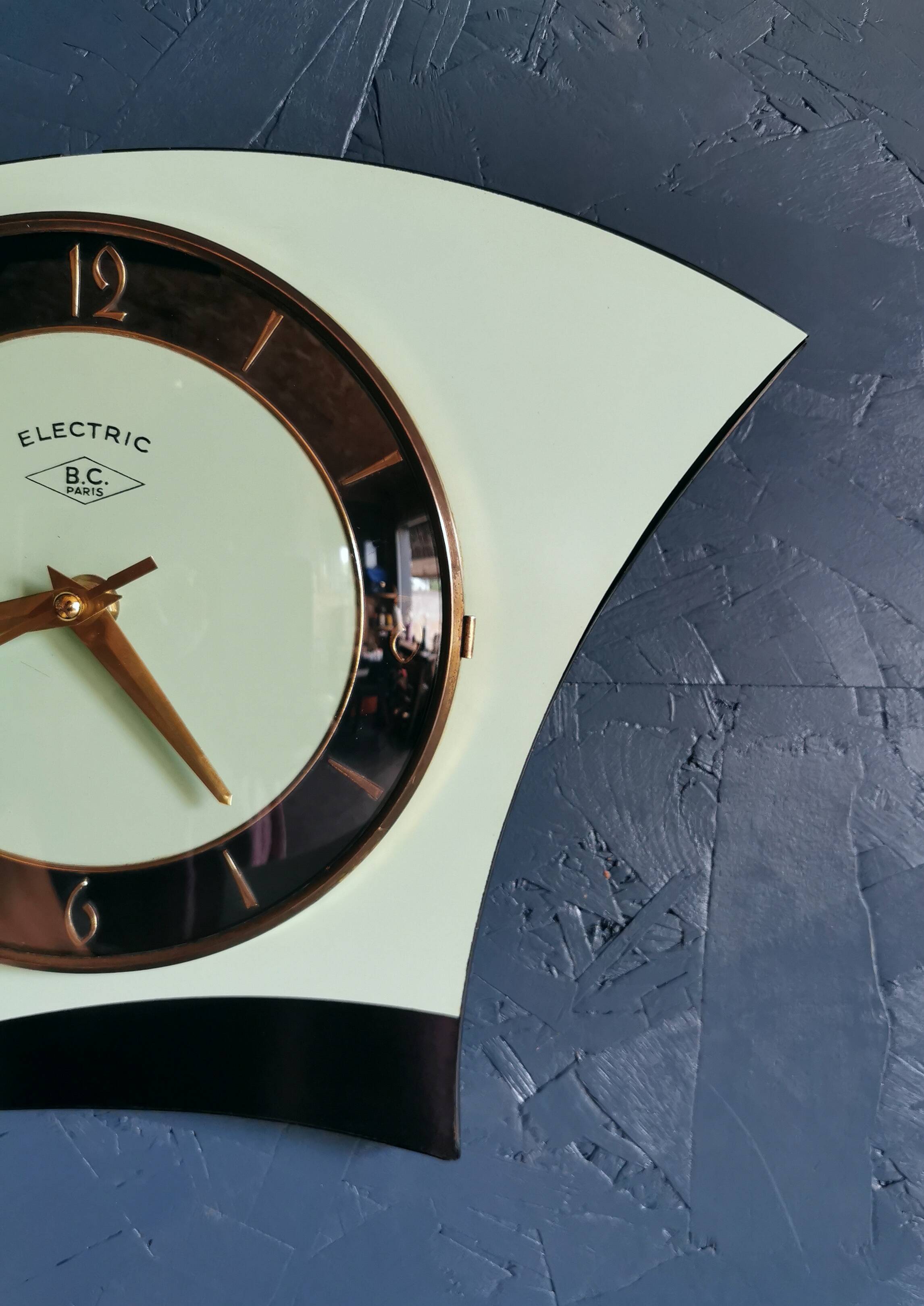 Vintage formica clock asymmetrical silent wall clock "BC Paris electric black green"