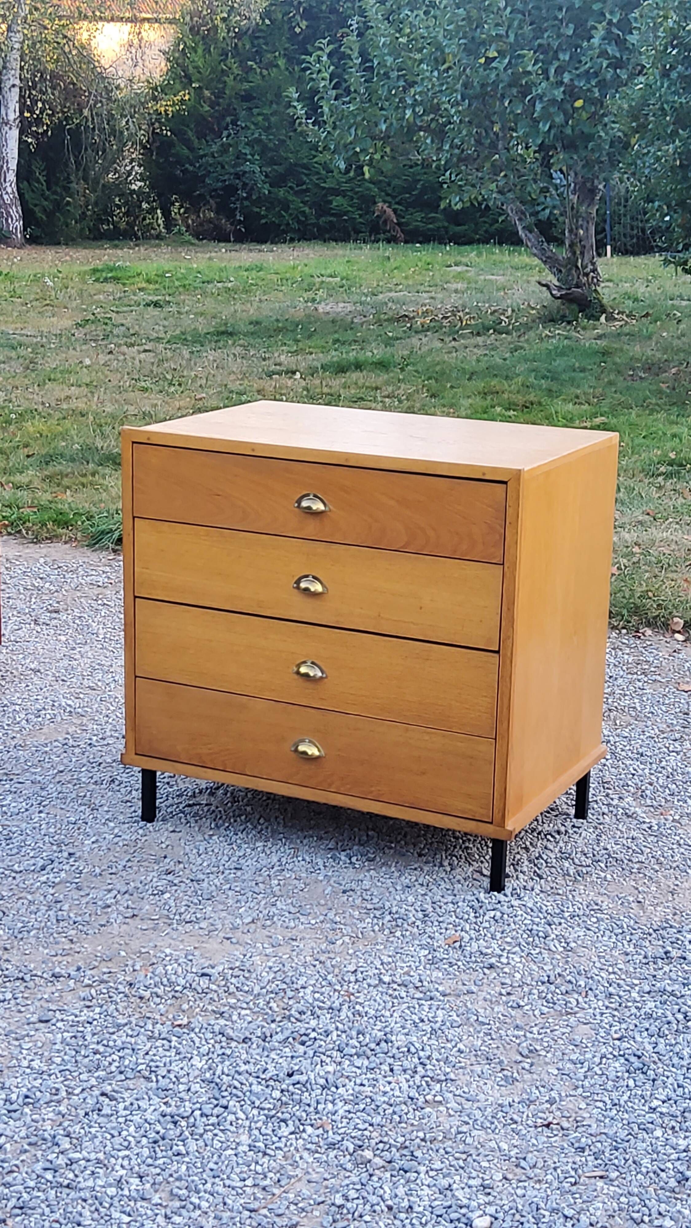 Vintage store chest of drawers in blond oak metal tube legs 4 drawers