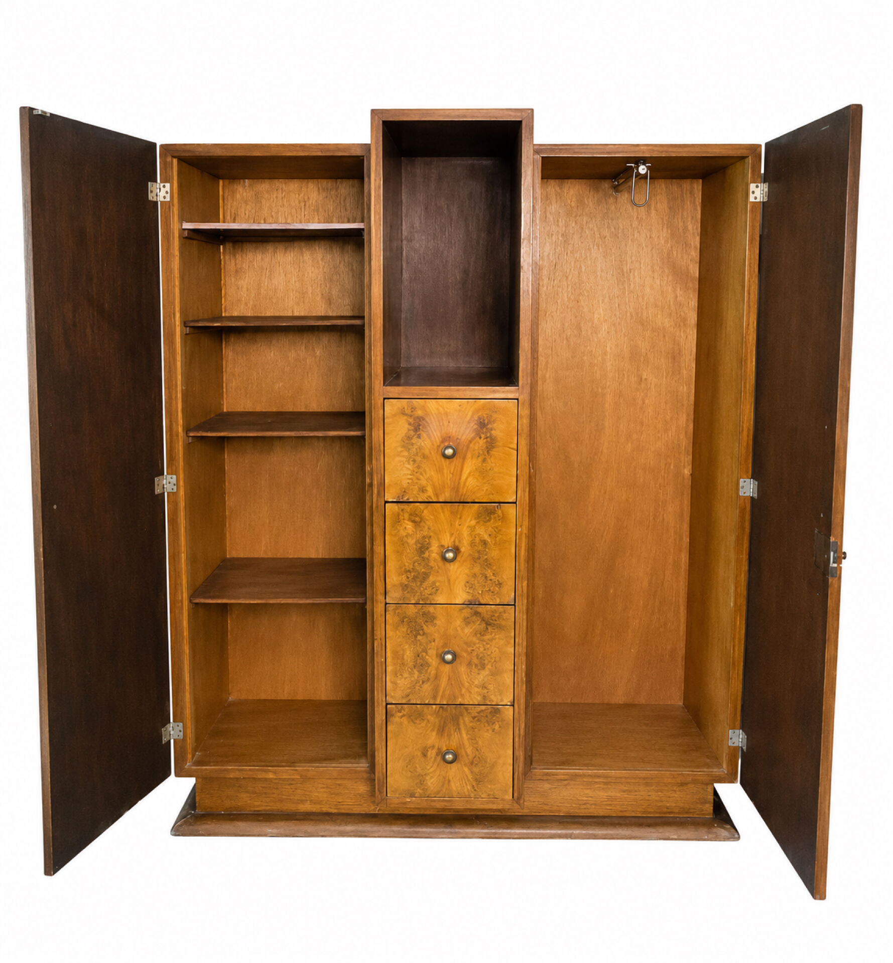 Armoire Art Déco, placage de ronce de bois, niche centrale & 4 tiroirs
