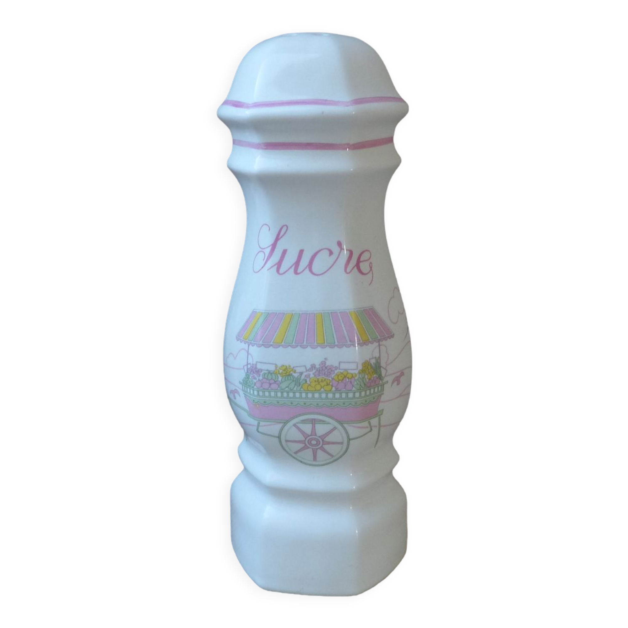Ceramic sugar bowl with a vintage fruit market stall design.