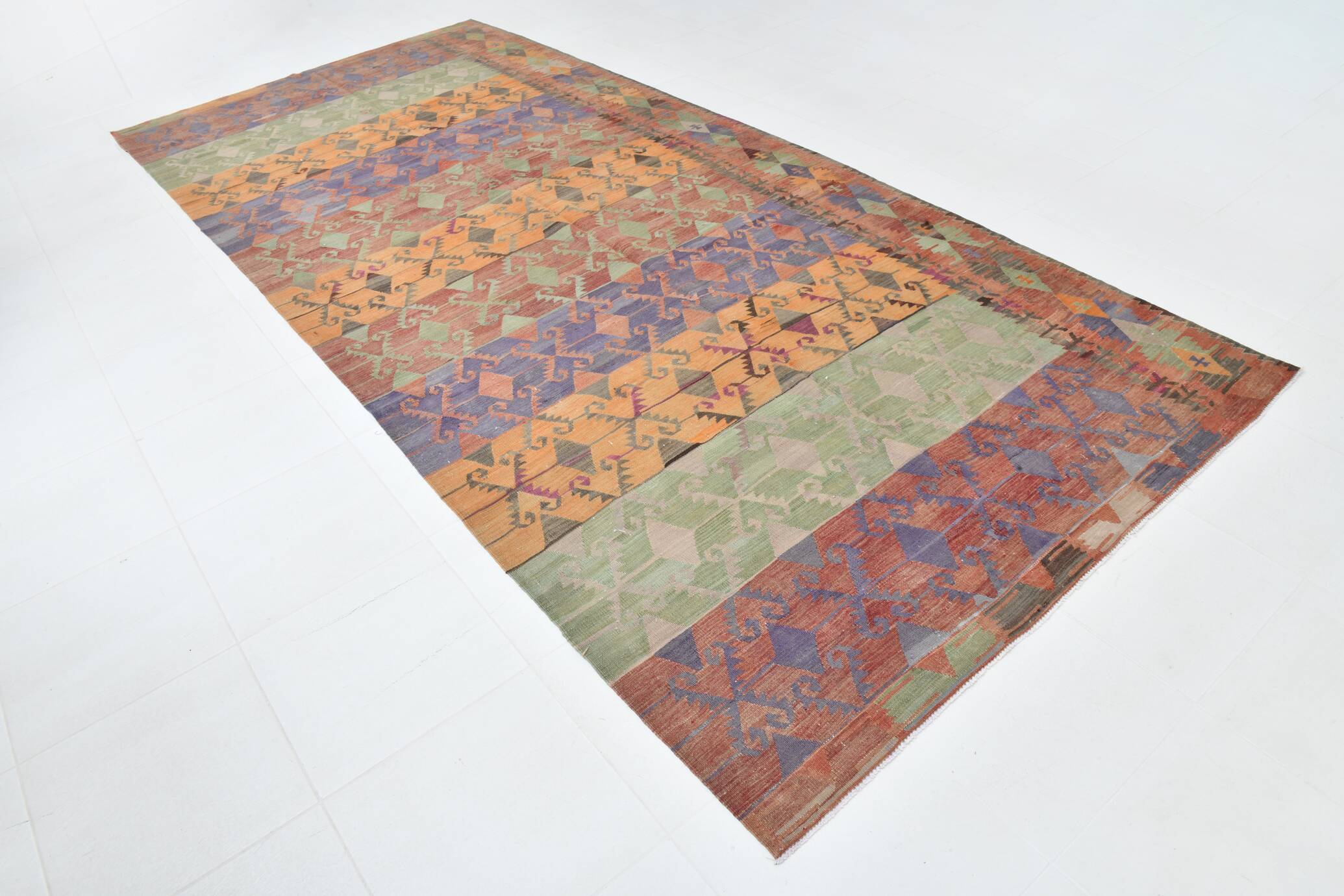 6x13 Kilim Red & Blue Long Wide Ethnic Pattern Wool Kilim Rug, 176x390 Cm