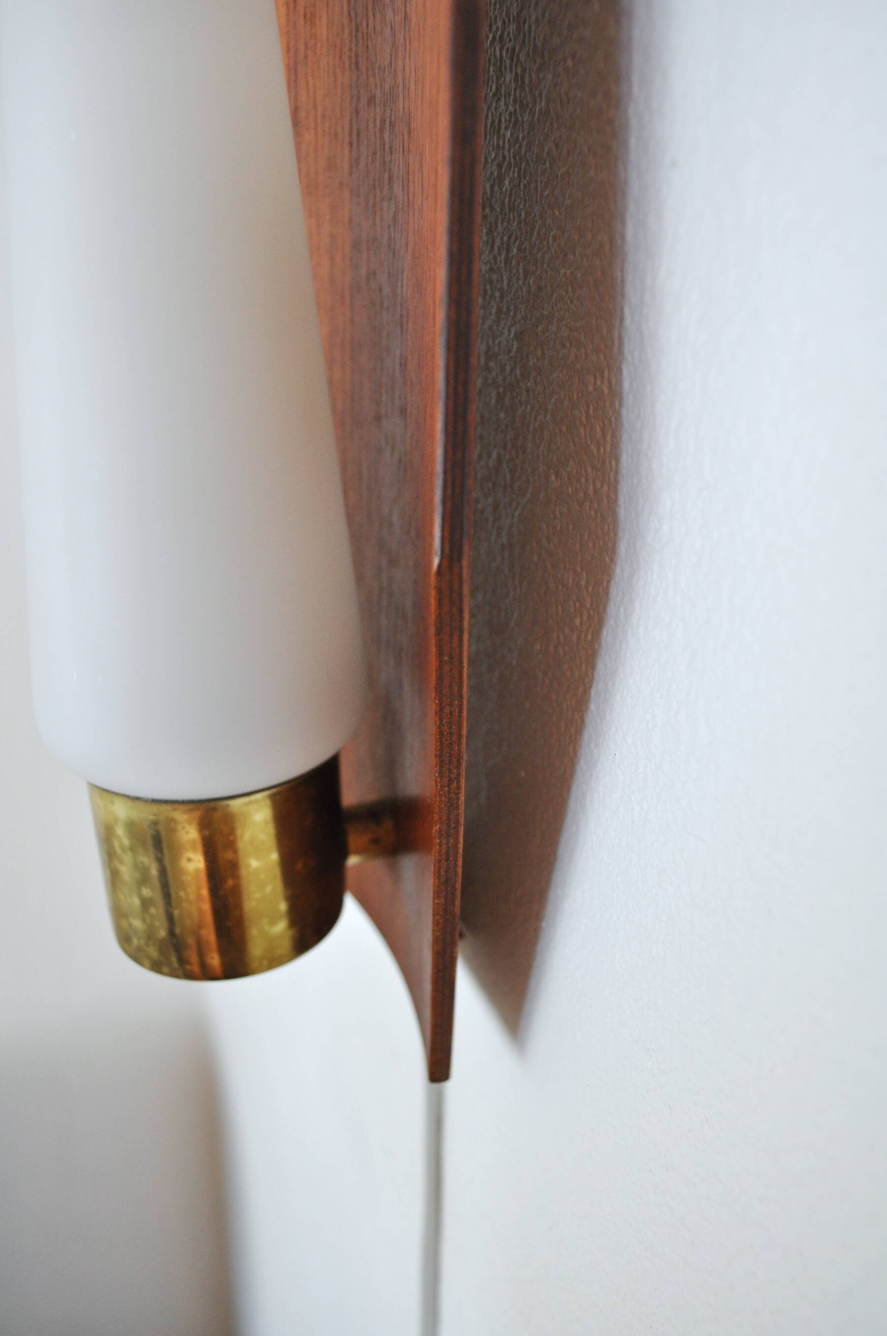 Scandinavian modern danish wall light in teak, brass and opaline glass, 1960s