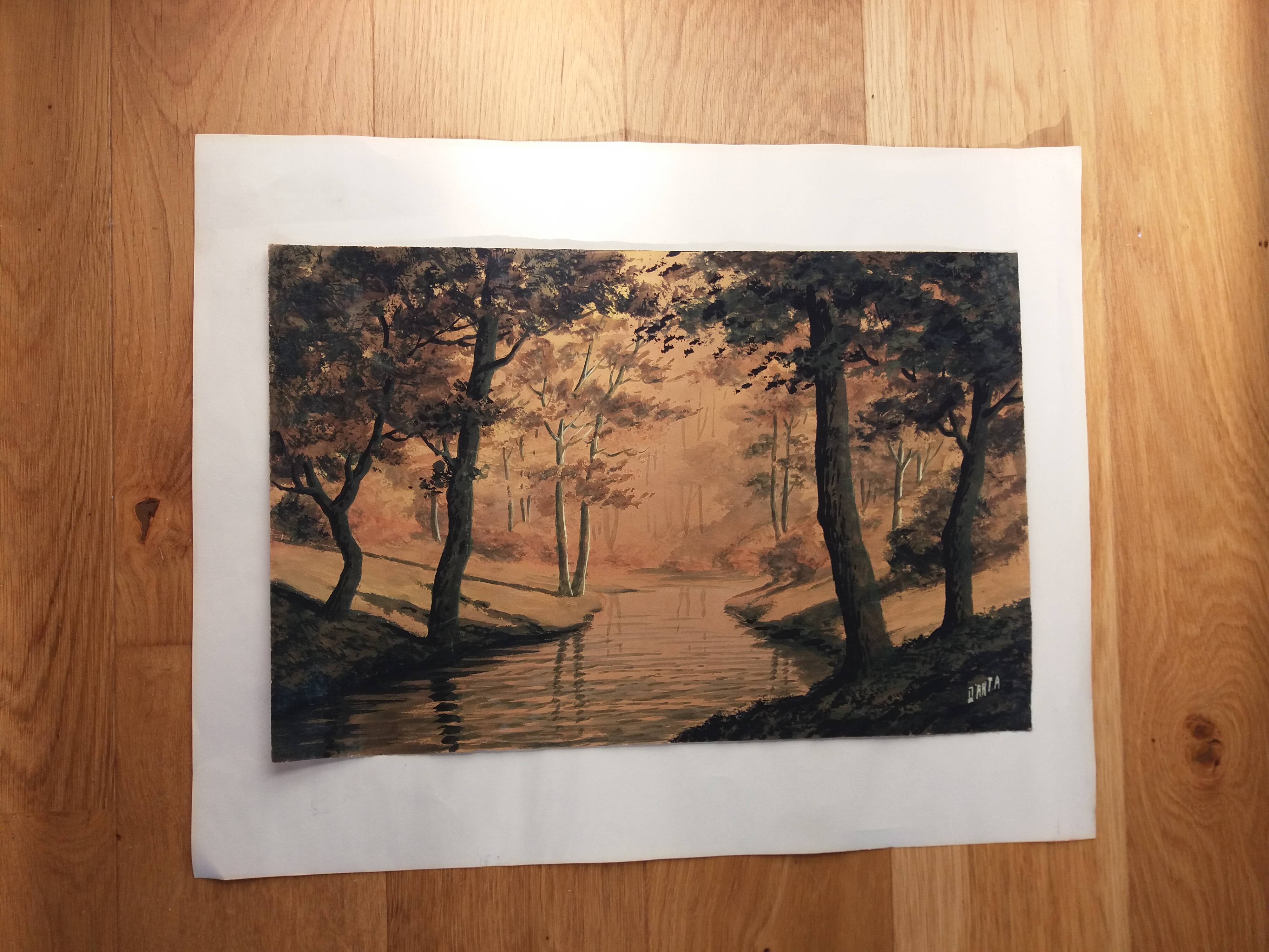 Watercolor signed Darta landscape river and forest