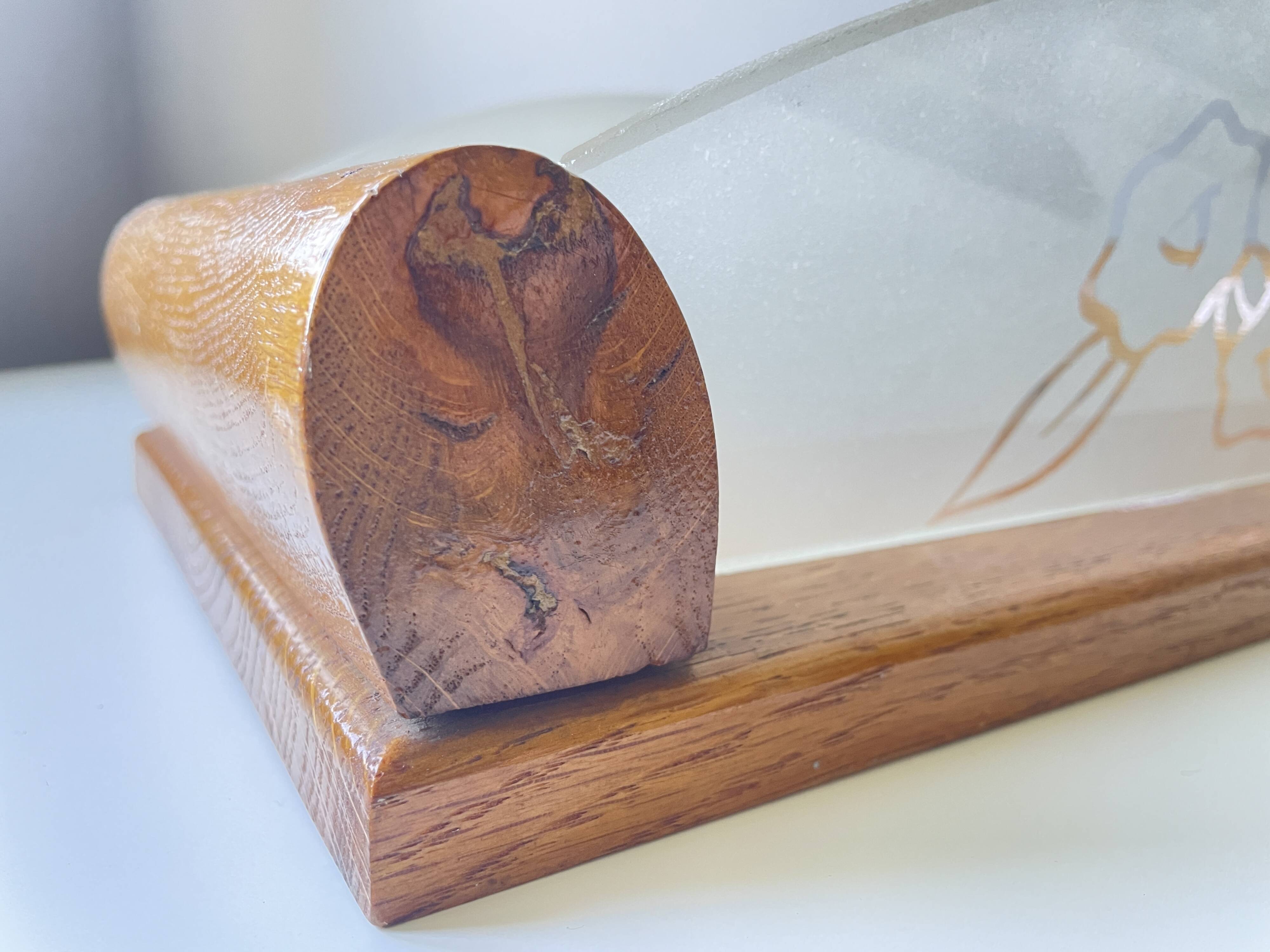 Plateau fleurs rétro 1950 bois et verre