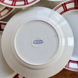 6 flat plates Badonviller ironstone with red geometric decoration