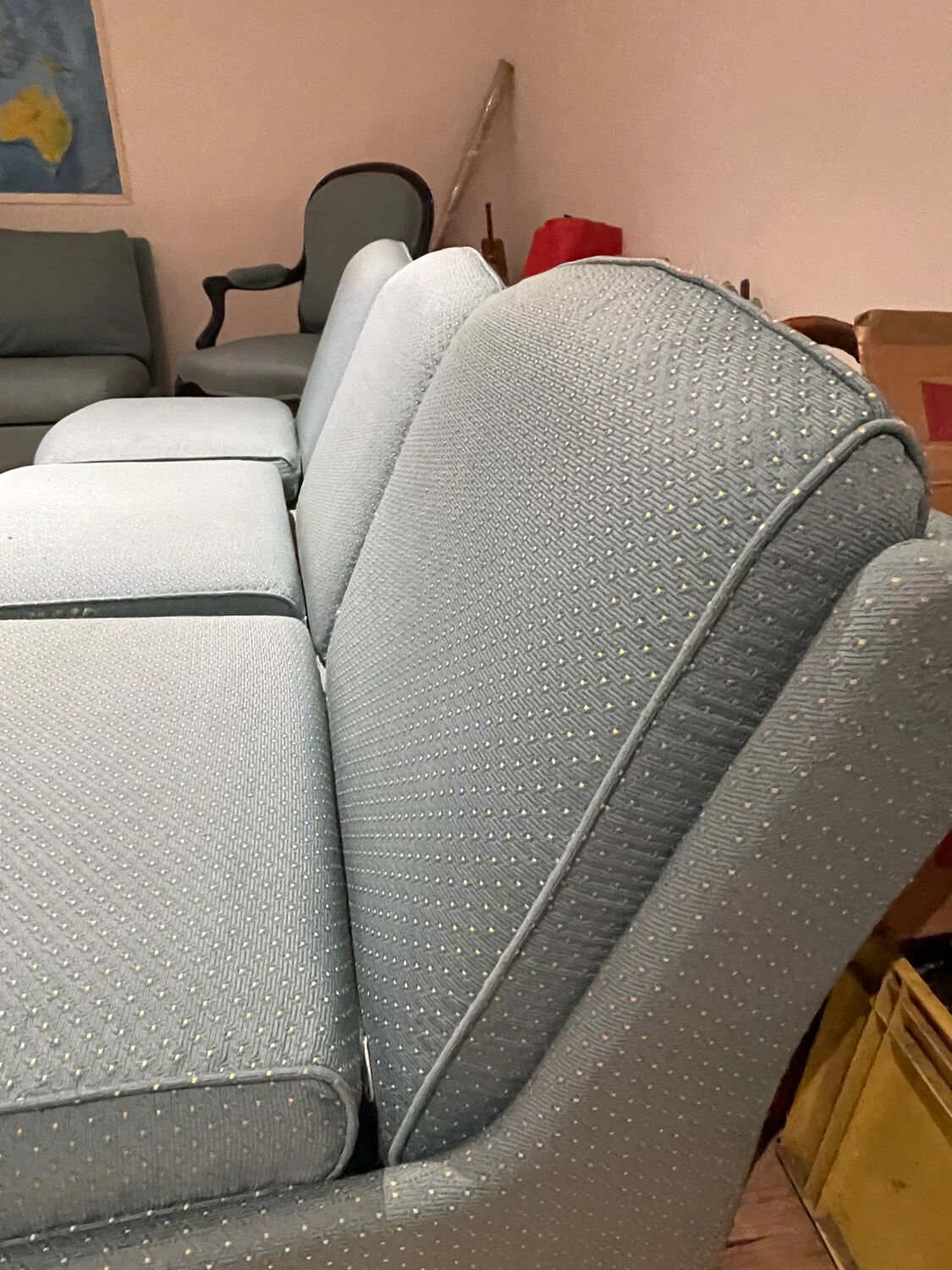 Banquette sofa circa 1970 blue fabric/yellow polka dots
