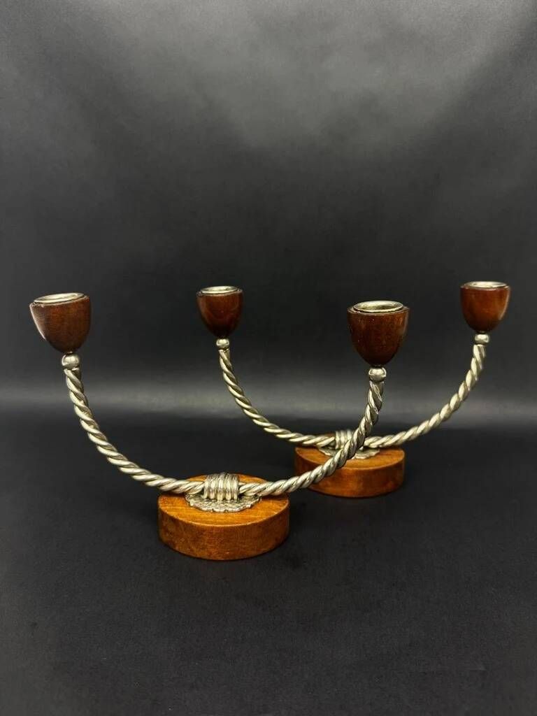Pair of vintage candle holders in twisted wood and metal – Scandinavian design
