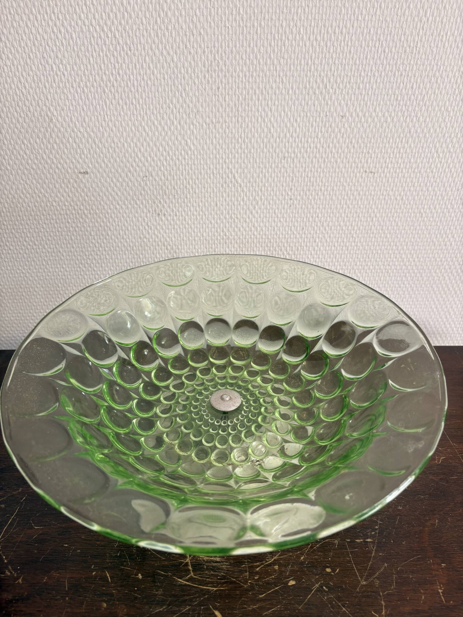 Art Deco Green Moulded Glass Coupe Centre Table with Metal Space Age Base