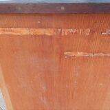 Workshop furniture with drawers and curtain in beech and walnut.