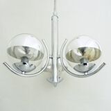 Old 3-branched chandelier in chrome metal and mirrored chrome globe, year 70