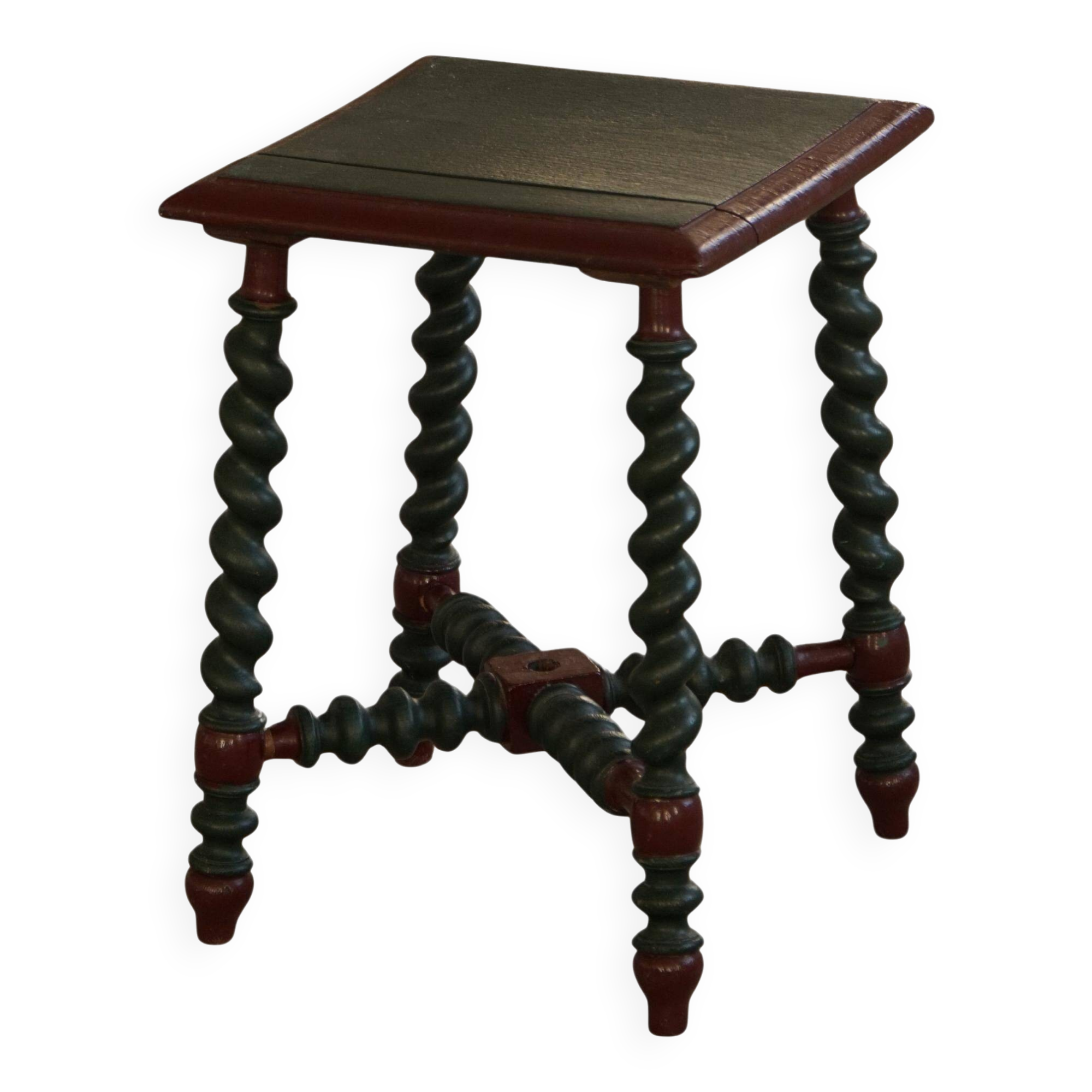 Vintage Scandinavian Stool Painted in Dark Green and Dark Red Wood, Folk Style, 1940s