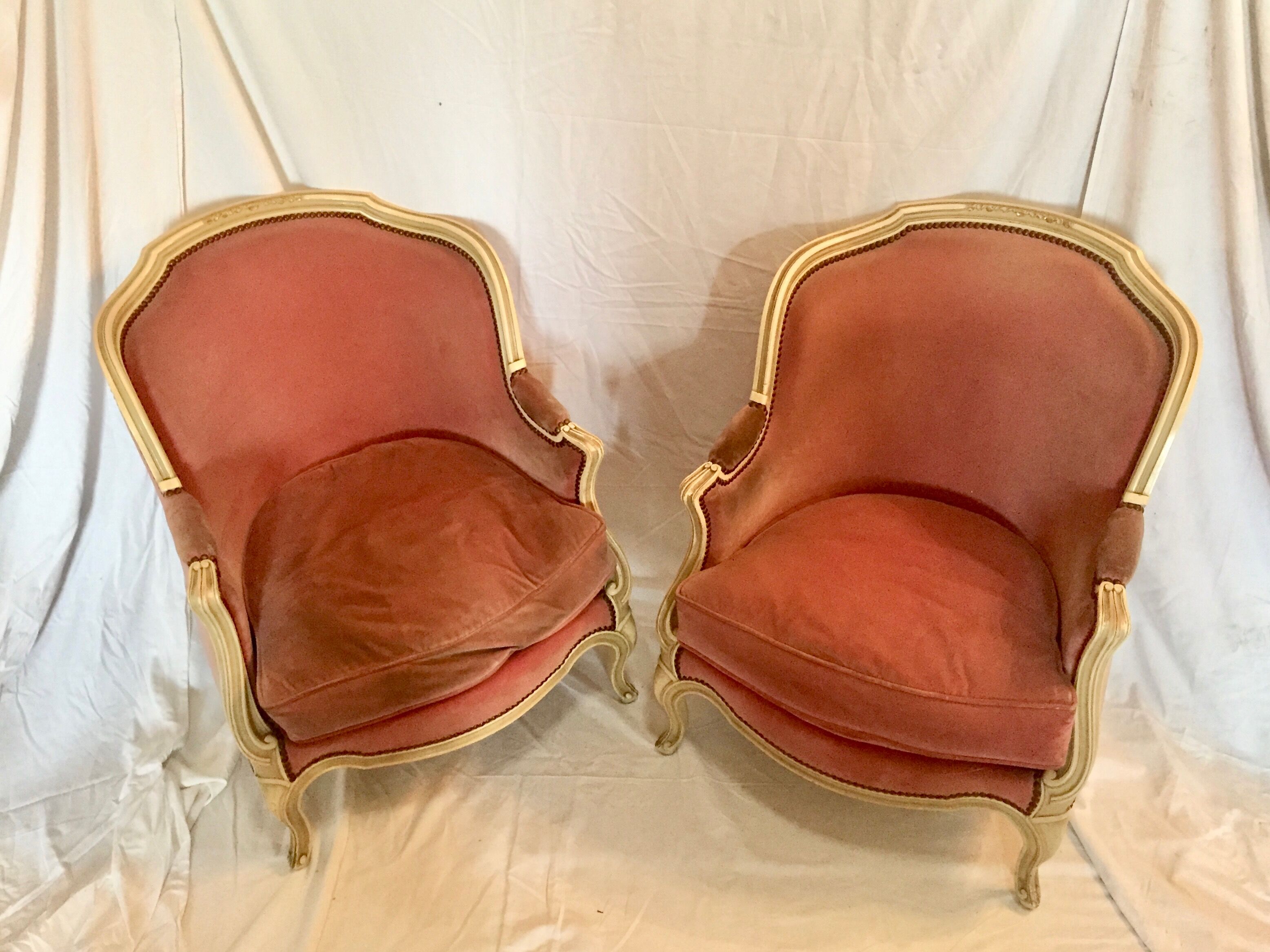 Pair of armchairs in wood and velvet, early 20th century