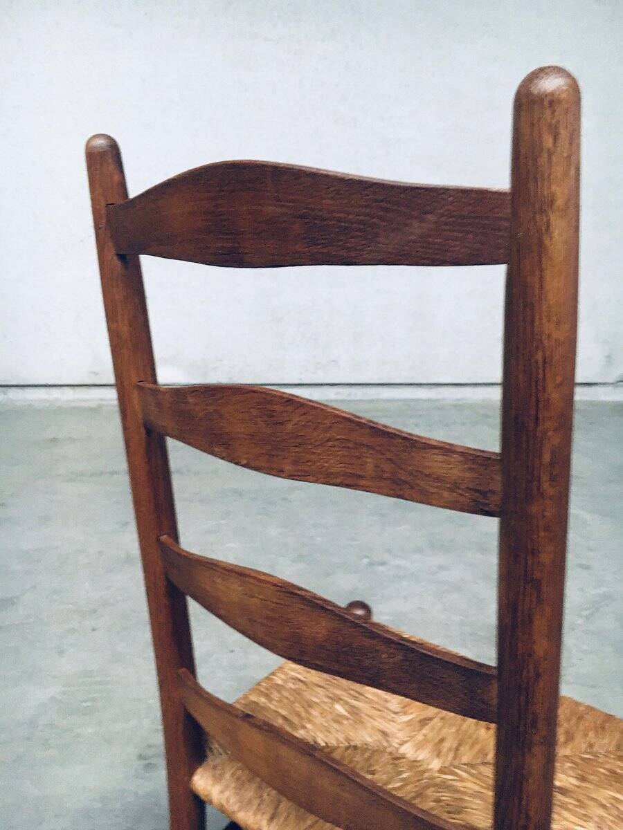 Rustic Handcrafted Oak and Rush High Back Dining Chairs, Belgium, 1940s, Set of 4