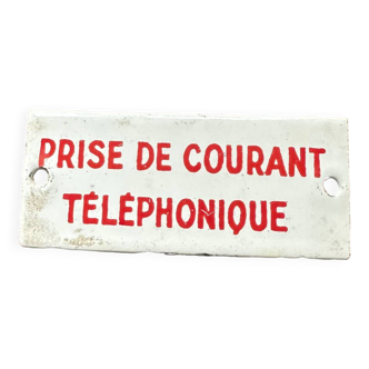 Petite plaque émaillée rouge et blanche Prise de courant Téléphonique