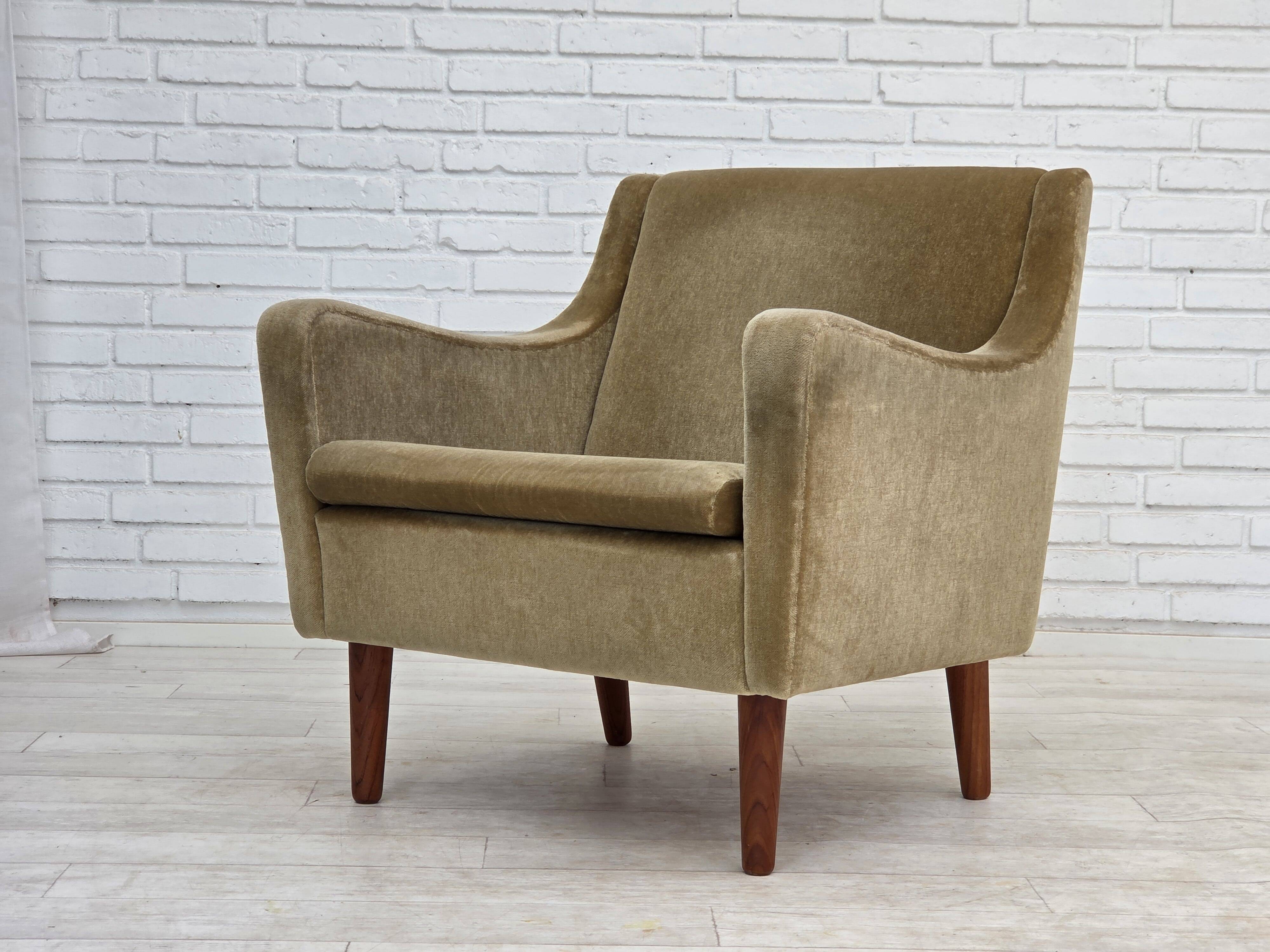 1970s, Danish armchair, original green furniture velour, teak wood legs.