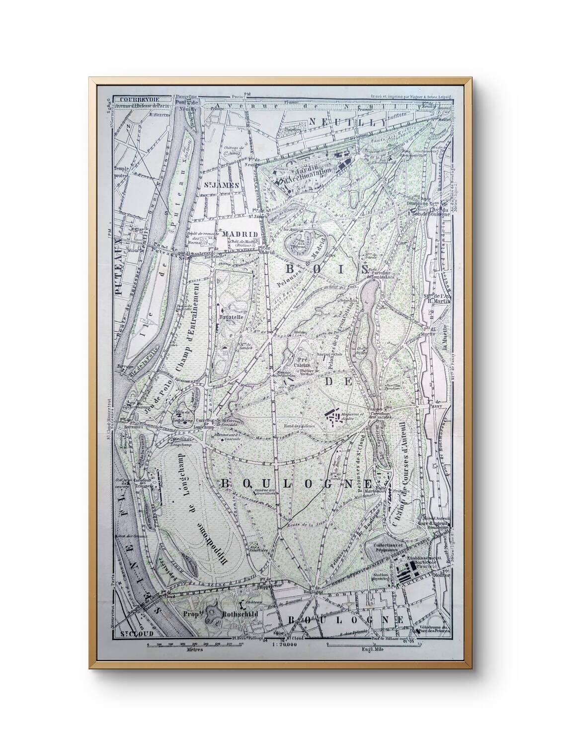 Bois de Boulogne, old map, printed in 1914.