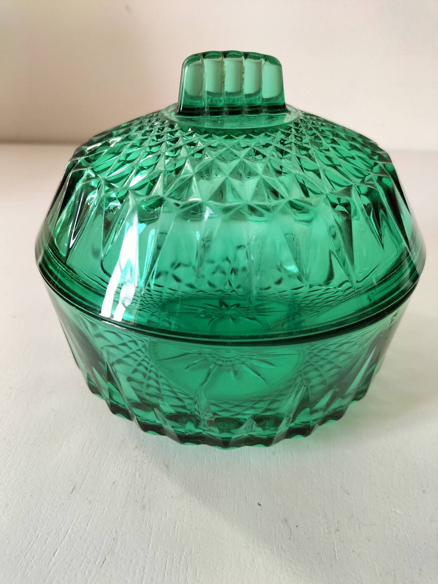 Vintage Arcoroc mint green cut glass sugar bowl or sweet jar