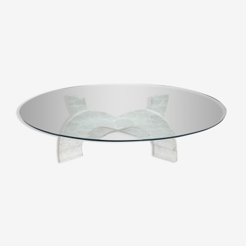 Table basse tendance en verre et travertin