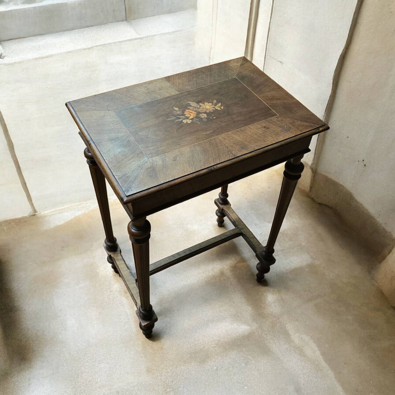 Antique wooden work table, inlaid top and interior mirror.
