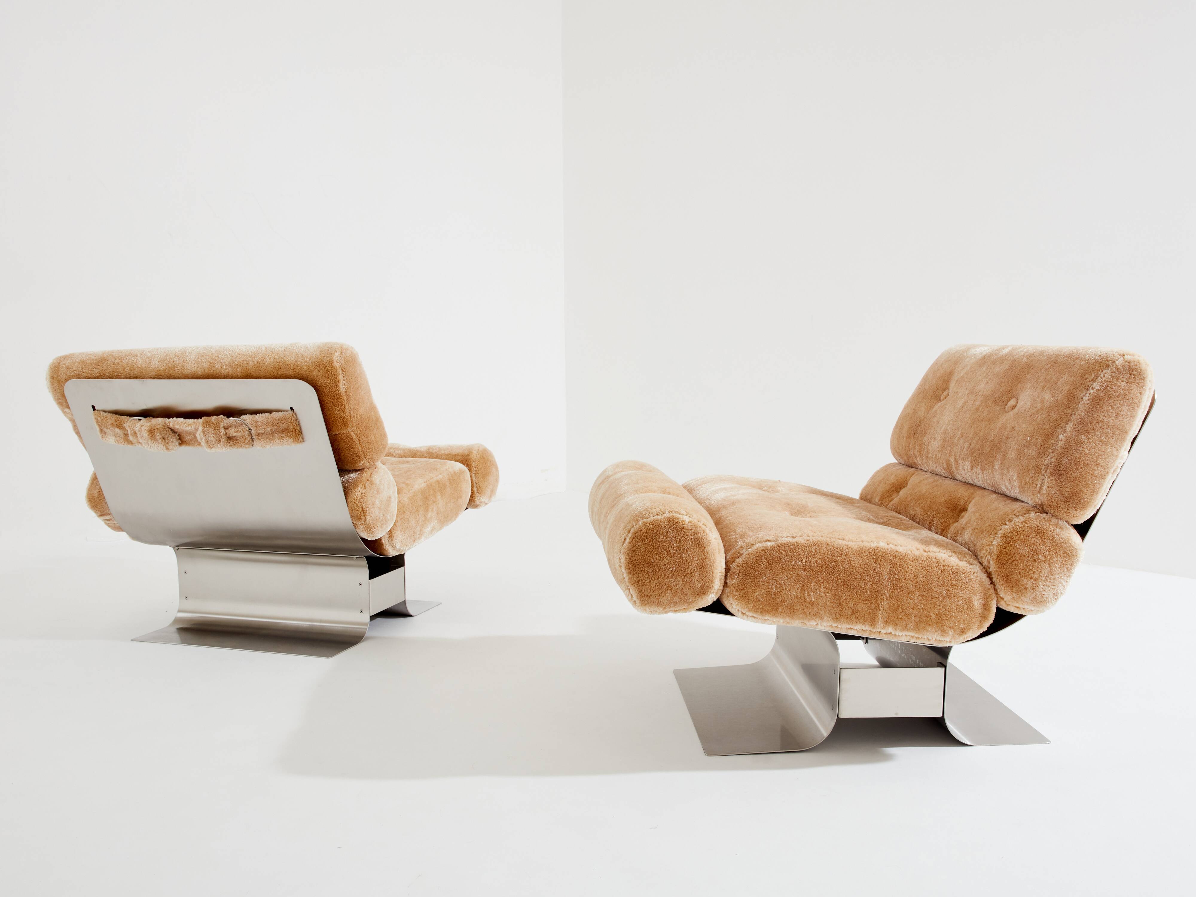 Pair of steel and Mohair velvet armchairs by François Monnet 1970