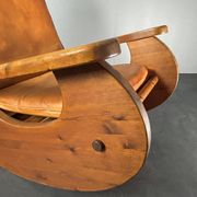 Brutalist pine rocking lounge chair with leather seat by Wasa 1984