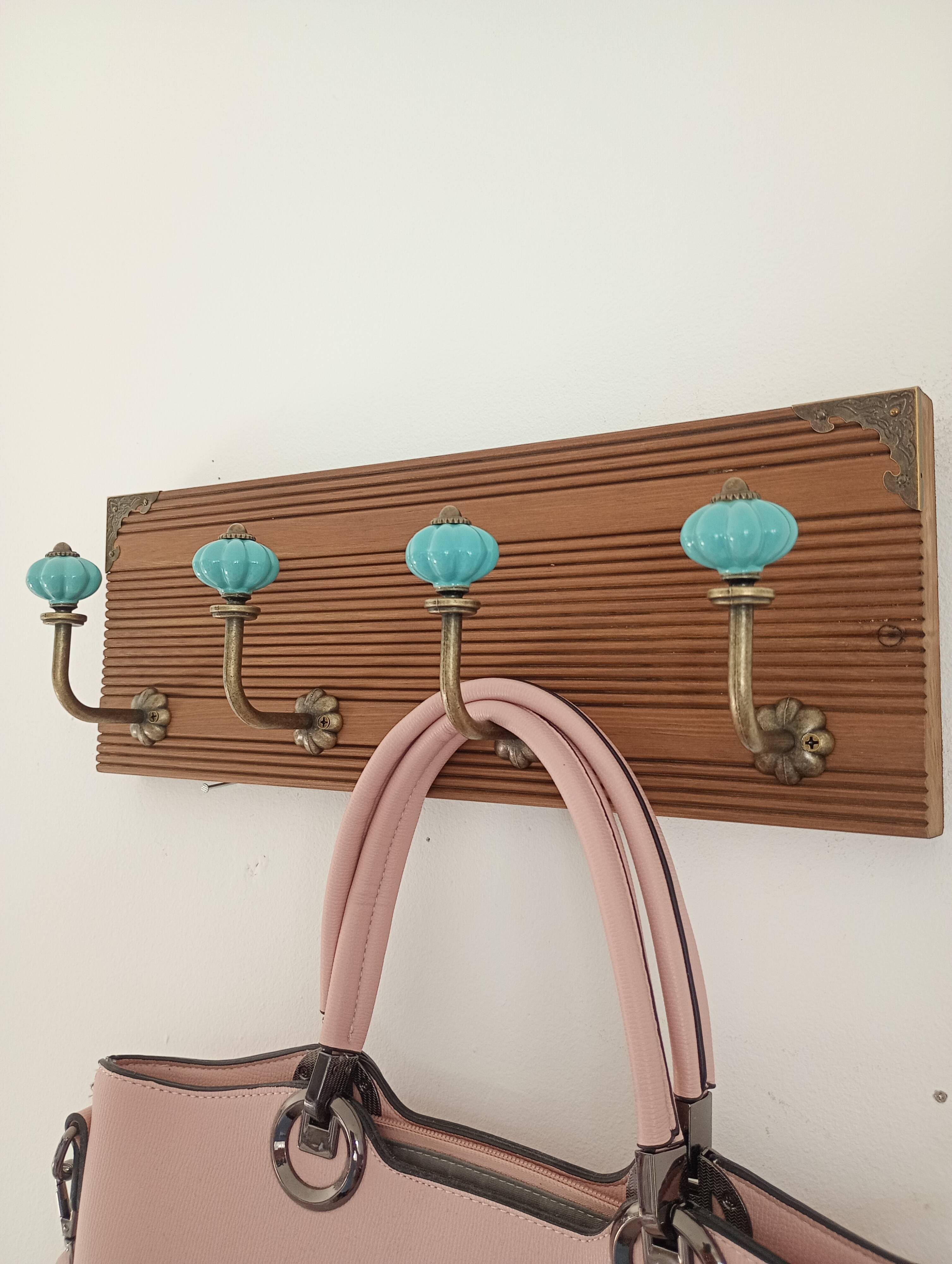 Retro vintage wall coat rack - 4 azure blue ceramic hooks