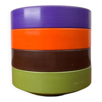 Set of 4 stackable Mepal bowls in mid-century Danish Space Age style, made by Rosti, 1960.