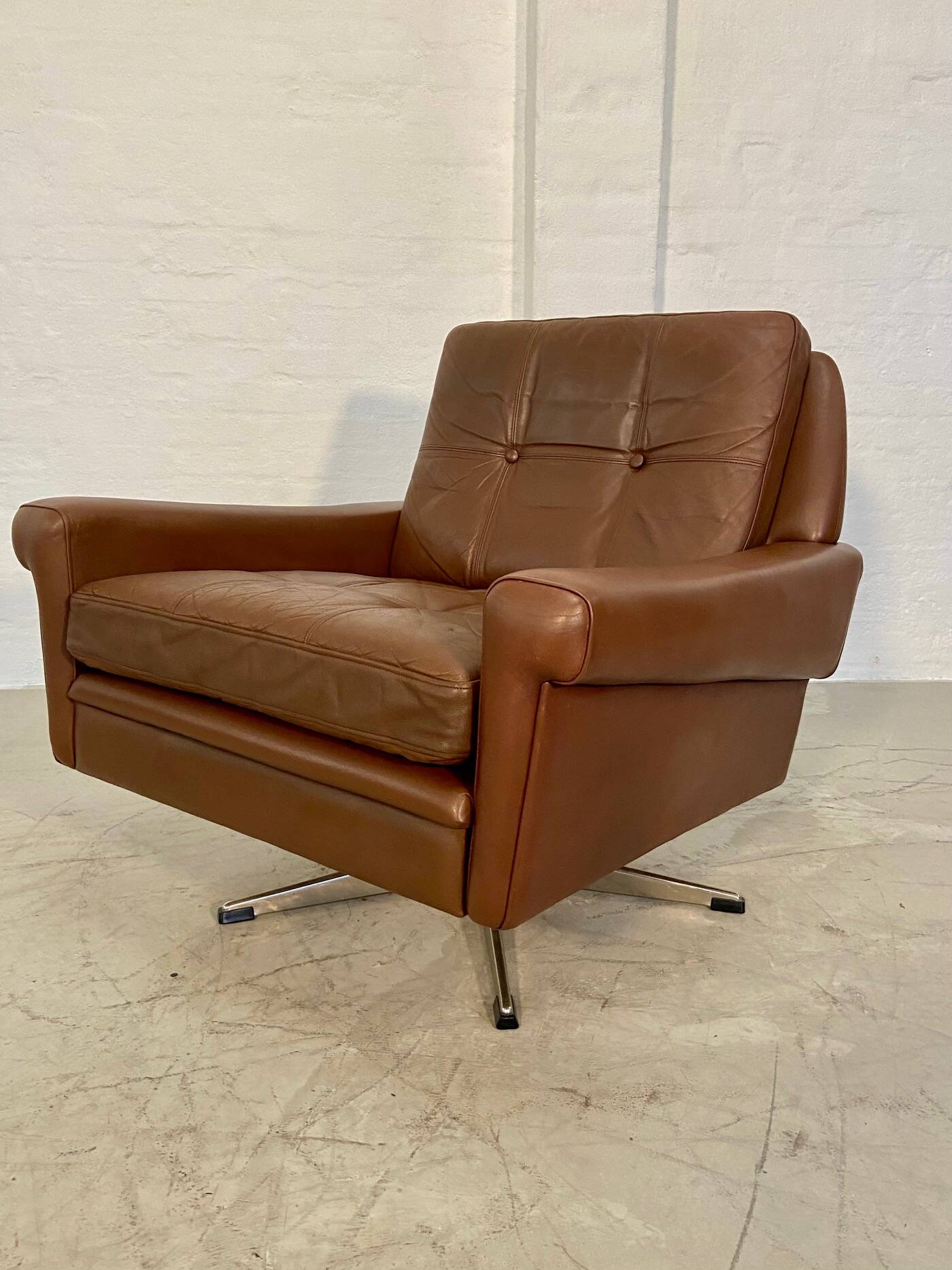 Vintage danish retro mid-century svend skipper brown leather chair & stool 60s