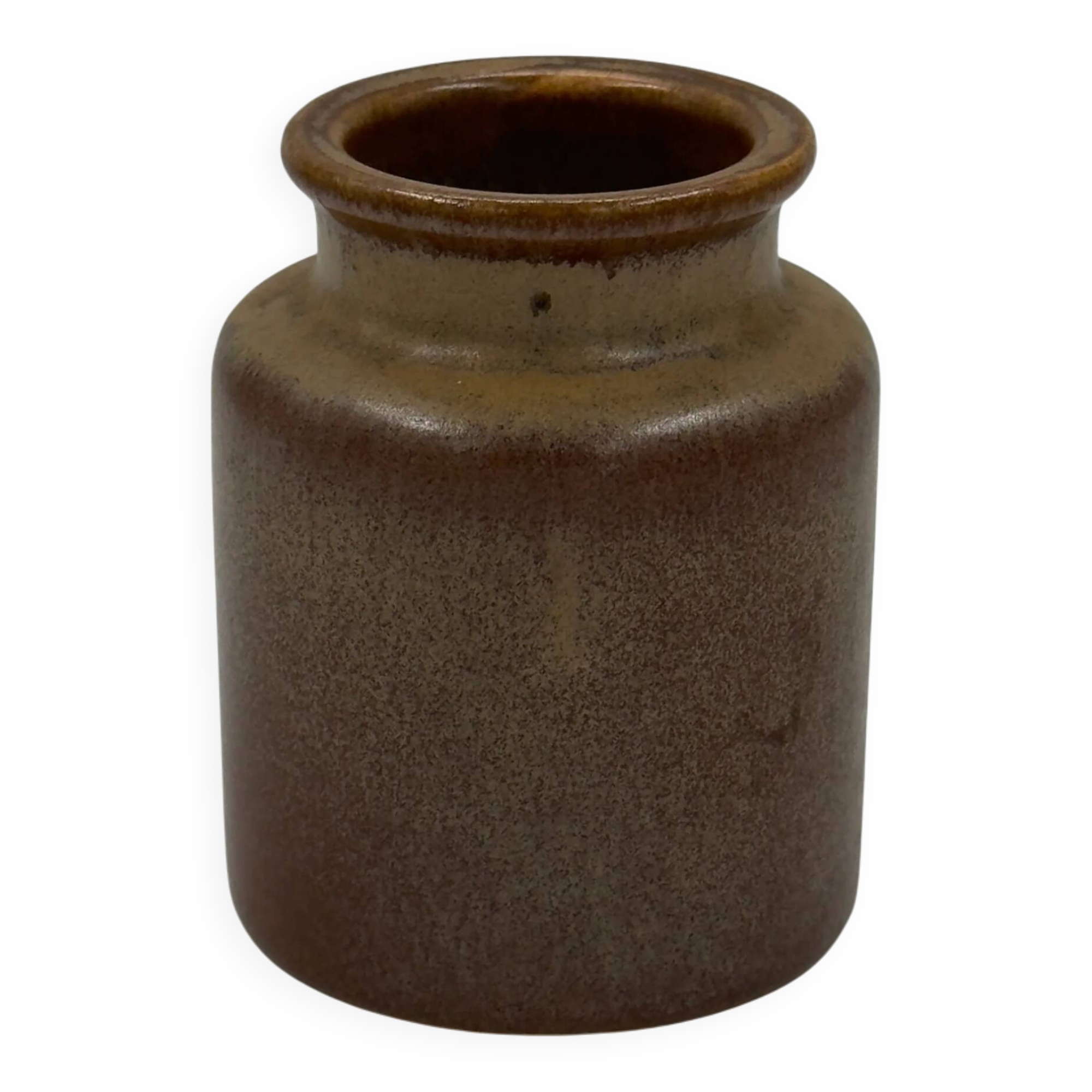 Vintage cylindrical ceramic workshop vase with speckled brown glaze.
