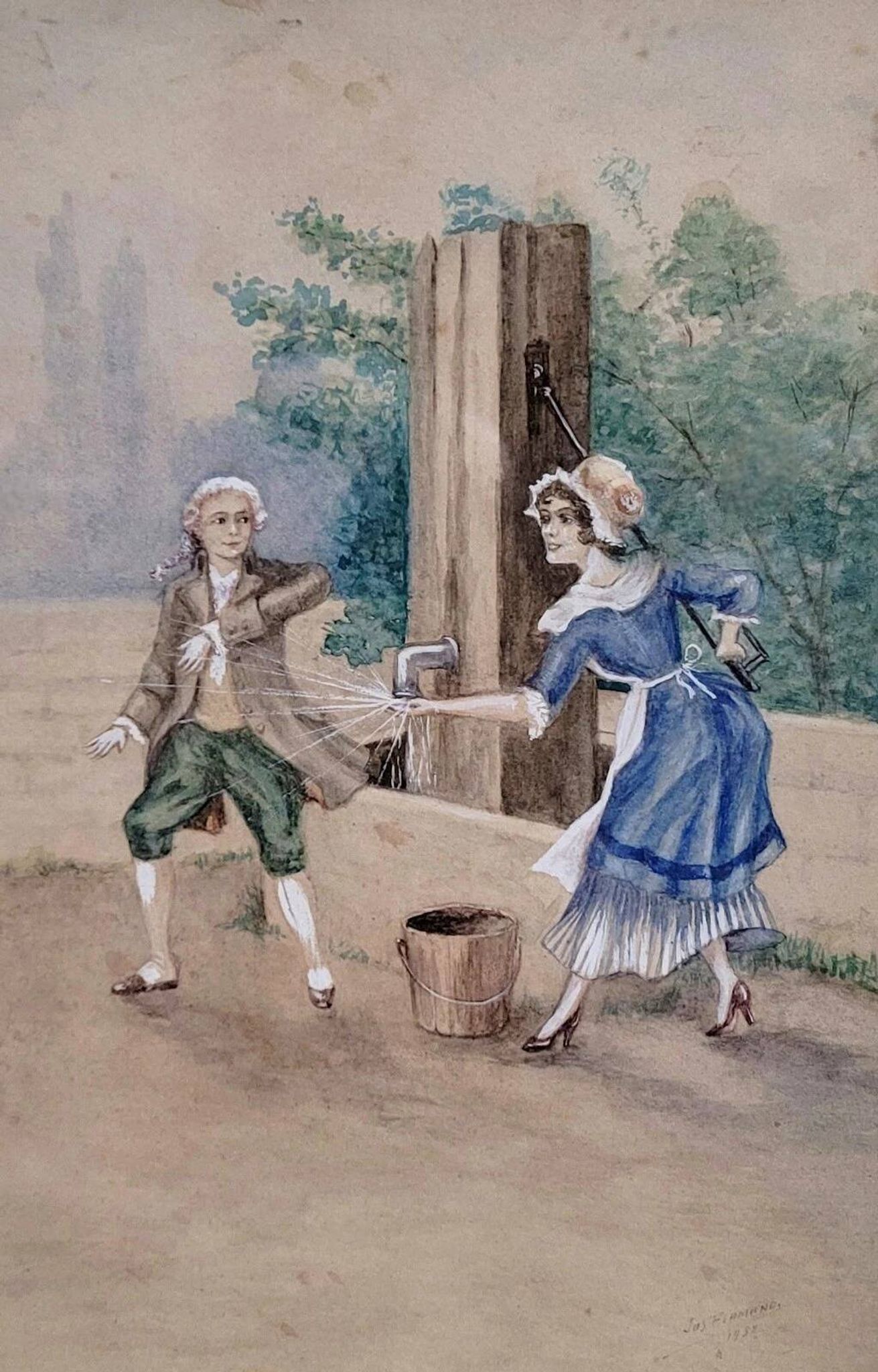 19th-century watercolor depicting a bucolic genre scene: a young woman