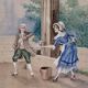 Aquarelle XIXᵉ représentant une scène de genre bucolique : une jeune femme