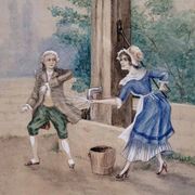 19th-century watercolor depicting a bucolic genre scene: a young woman