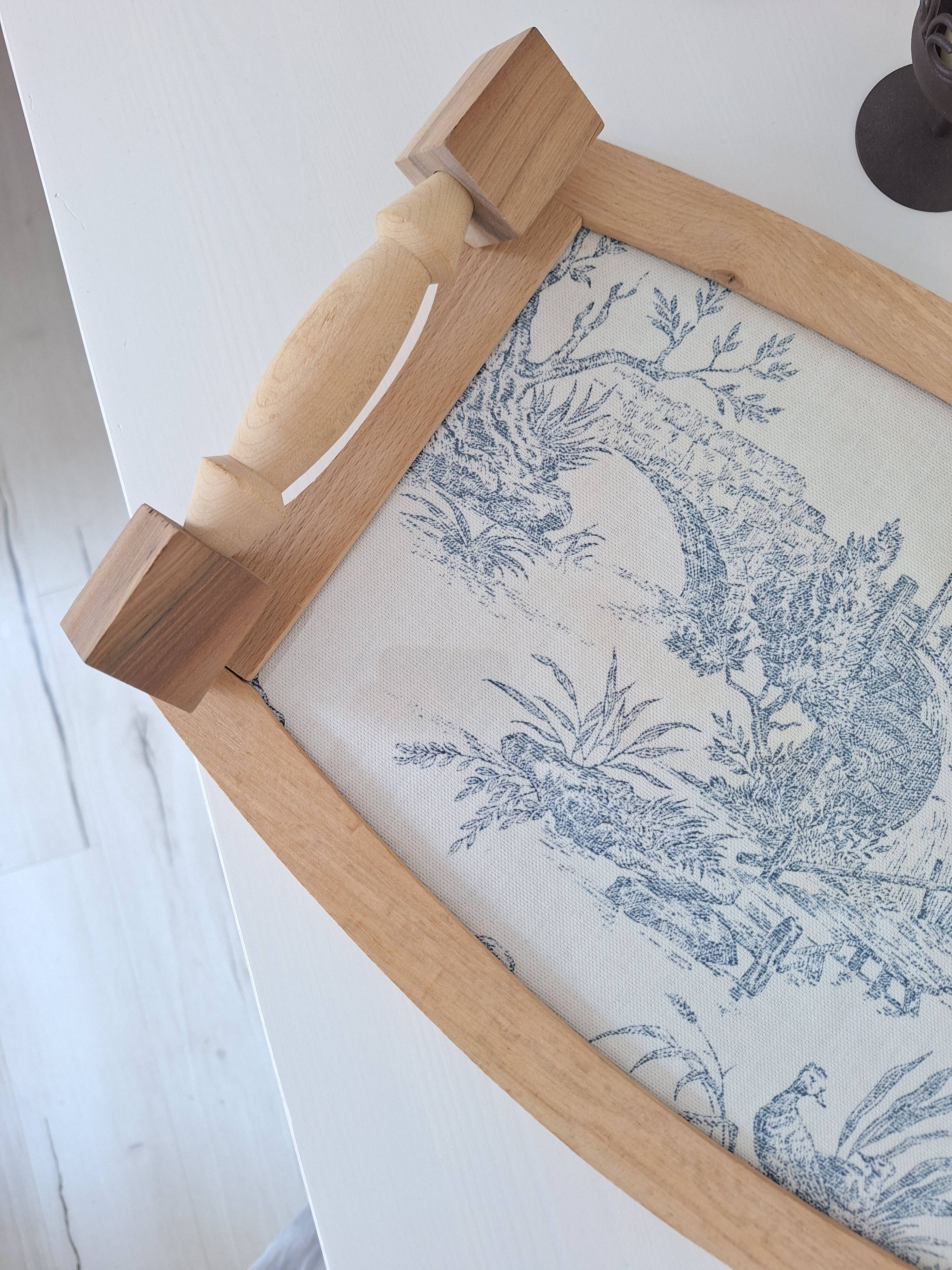 Wooden tray and blue toile de Jouy