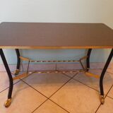 Lounge table, side table on wheels, formica top, gold and black metal