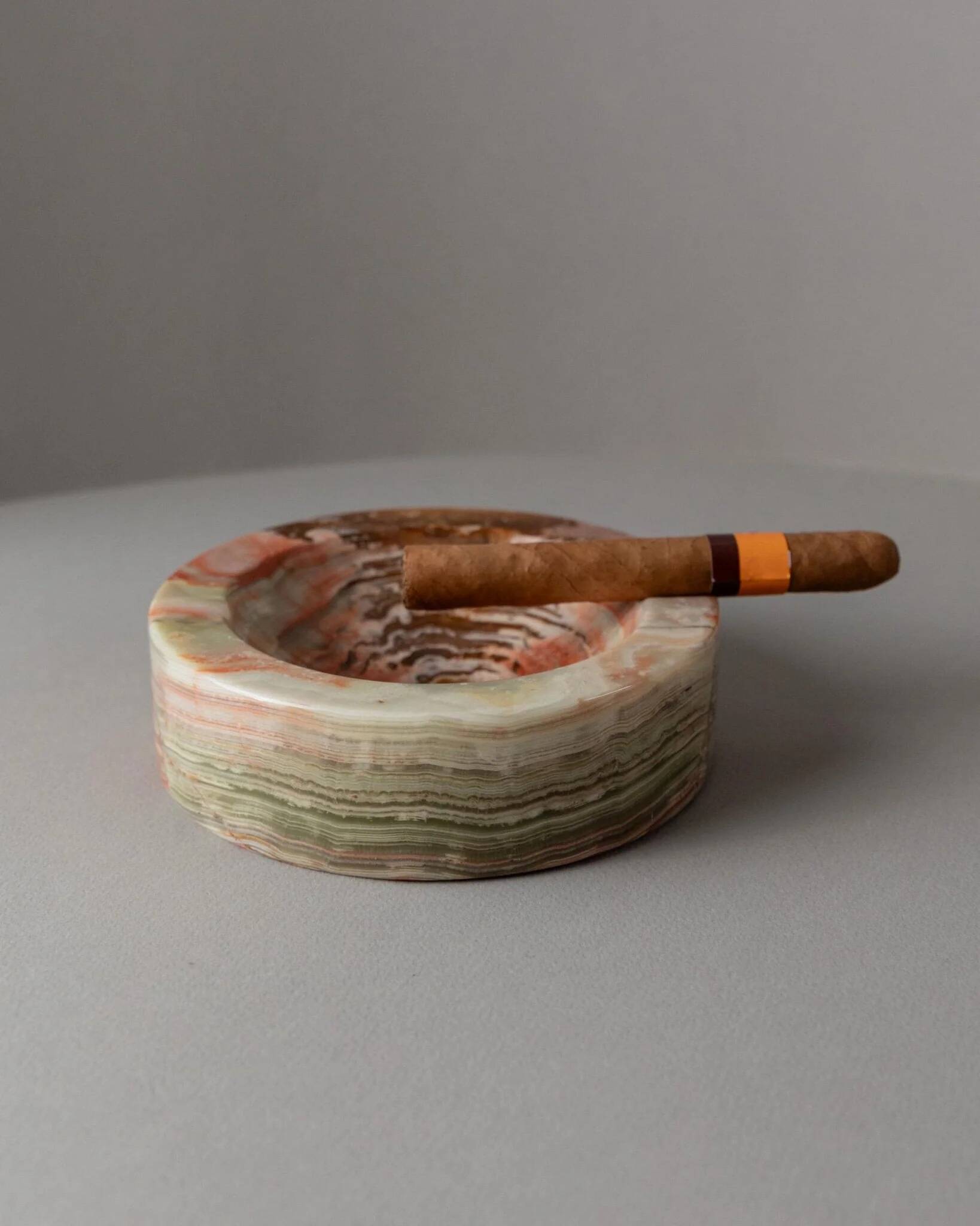 Vintage Onyx Stone Ashtray, solid green-beige-brown marbled, Italian design, 1970s retro decor