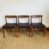 3 vintage Scandinavian chairs in teak and brown leatherette