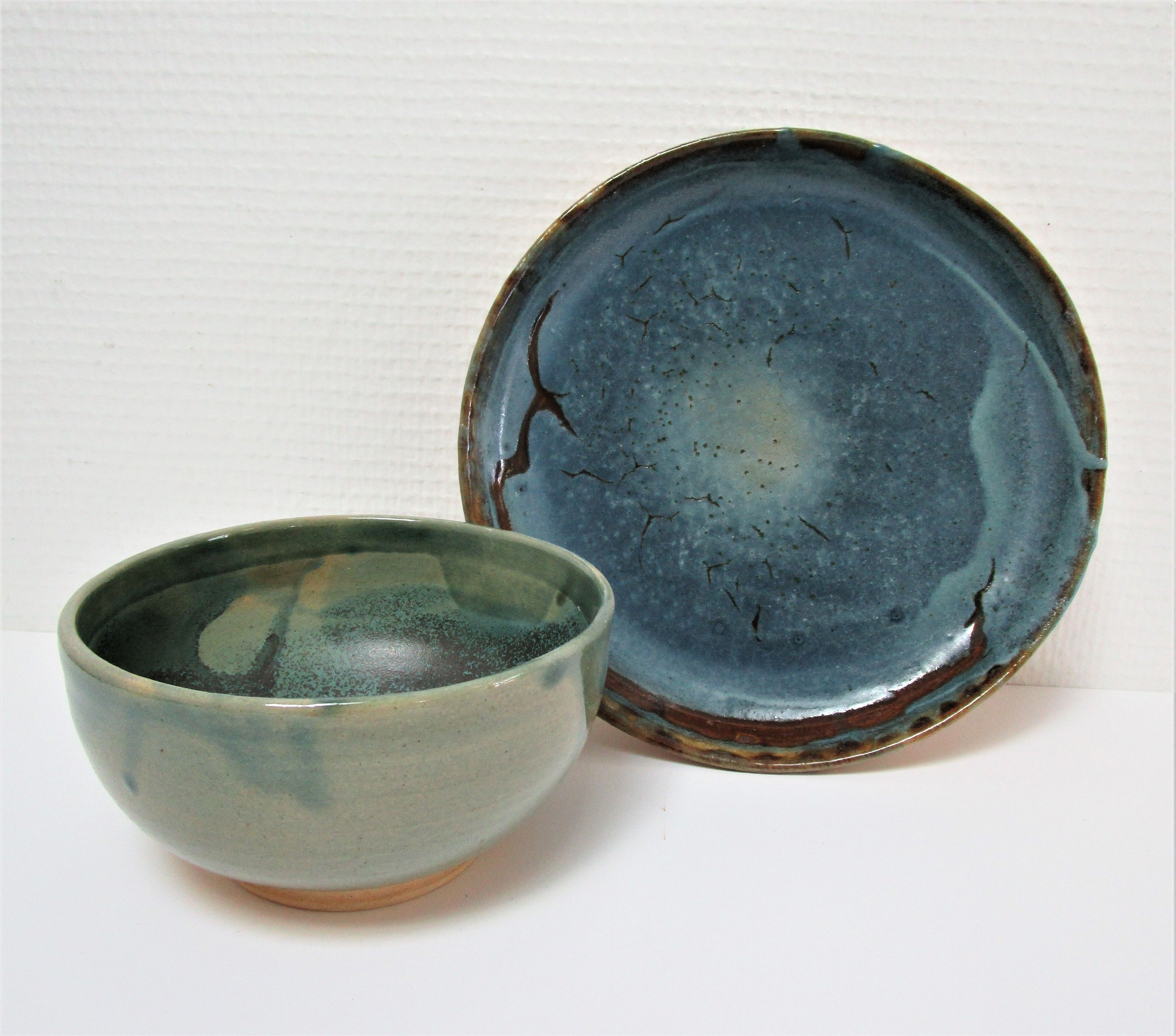 Bowl and round ceramic dish enamelled blue green brown vintage signed vintage