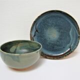 Bowl and round ceramic dish enamelled blue green brown vintage signed vintage