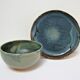 Bowl and round ceramic dish enamelled blue green brown vintage signed vintage