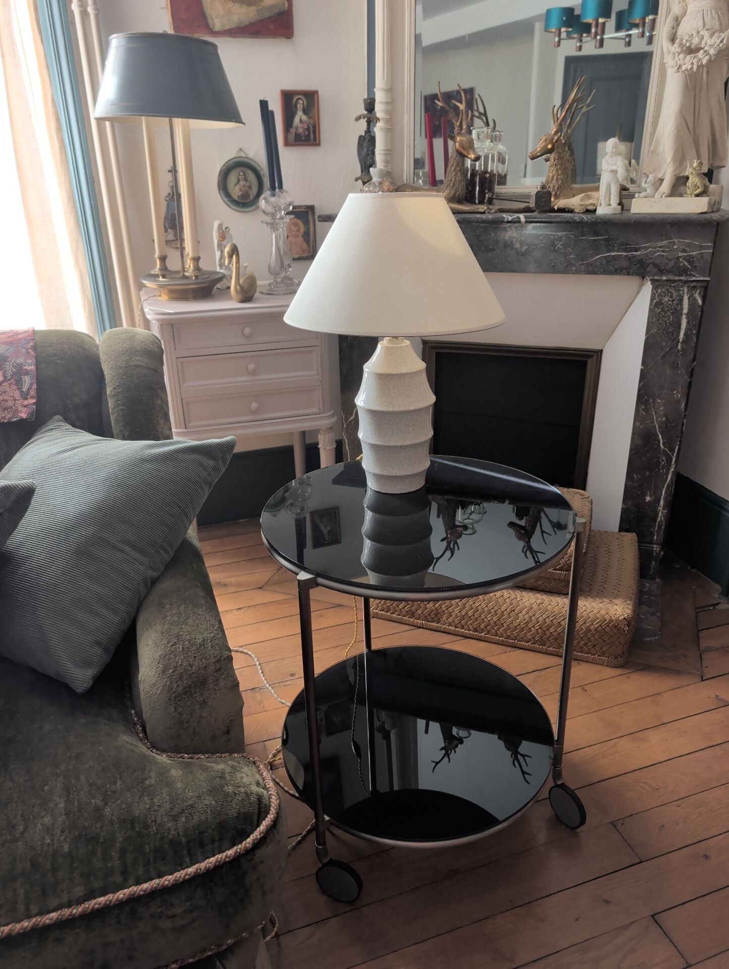 Vintage side table on wheels – black glass top