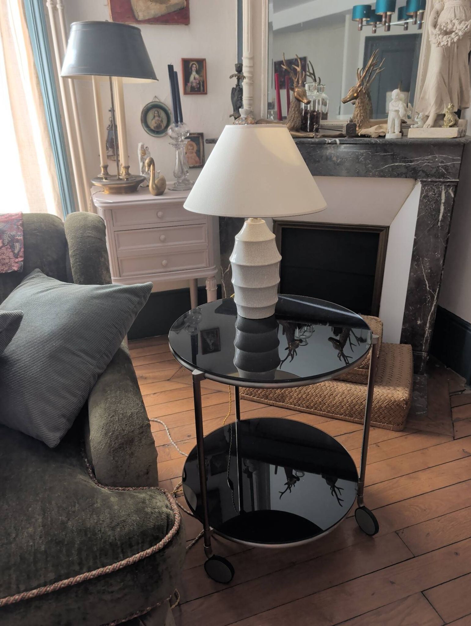 Vintage side table on wheels – black glass top