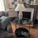 Vintage side table on wheels – black glass top