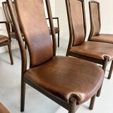 Set of 8 wooden and thick leather armchairs, Girsberger design, 80s