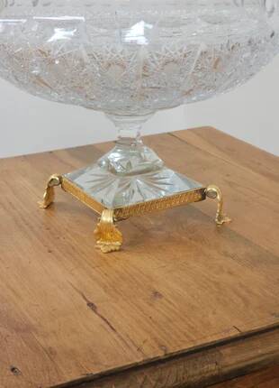 Cut crystal bowl on a brass base in bohemian style.