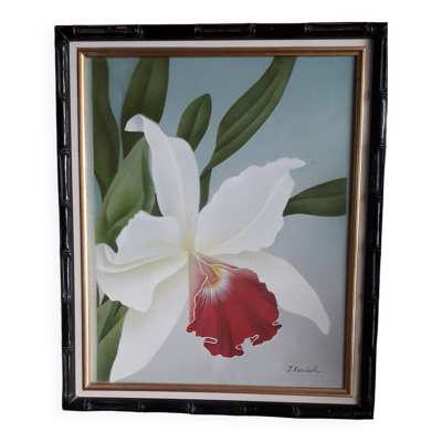 Tableau ancien à l'huile sur toile représentant une fleur