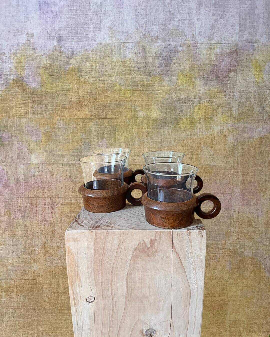 4 vintage Schott Mainz Jeanner cups – glass & teak – 1960/70