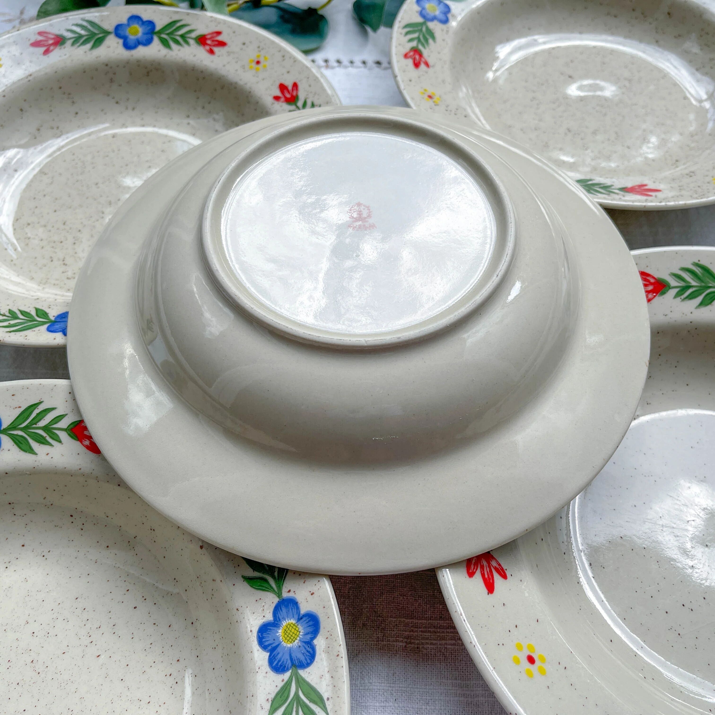 5 soup plates in speckled beige stoneware with floral pattern Tulowice Poland 1970